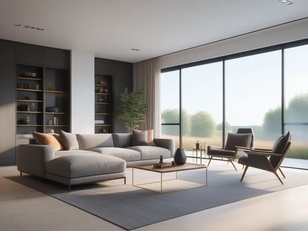 Salón de lujo inteligente con climatización avanzada Un salón moderno de lujo en una casa inteligente de alta gama con climatización inteligente para hogares exclusivos