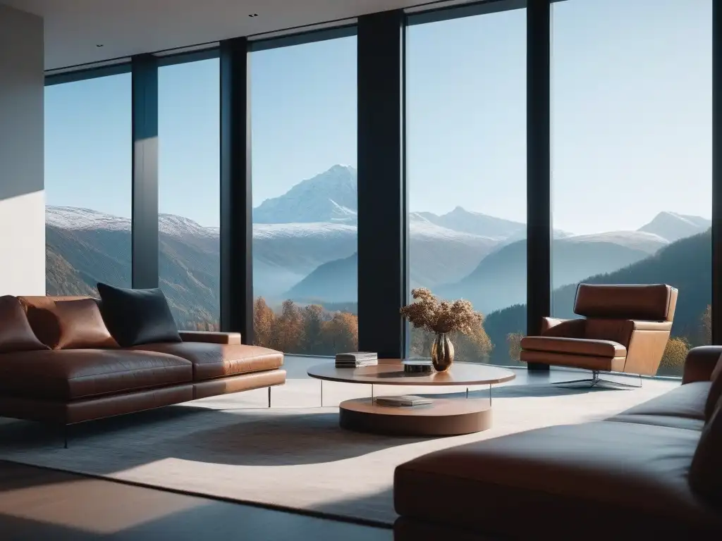 Sala de estar moderna de lujo con vistas a la montaña Salón moderno de lujo con clima inteligente y vista a montañas, muebles minimalistas y luz ambiental, diseño elegante