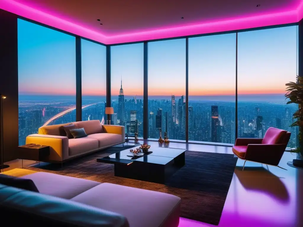 Salón de lujo en casa inteligente con tecnología y vistas futuristas Un salón moderno de lujo en un entorno doméstico inteligente, con muebles automatizados y un sistema de entretenimiento integrado de última generación
