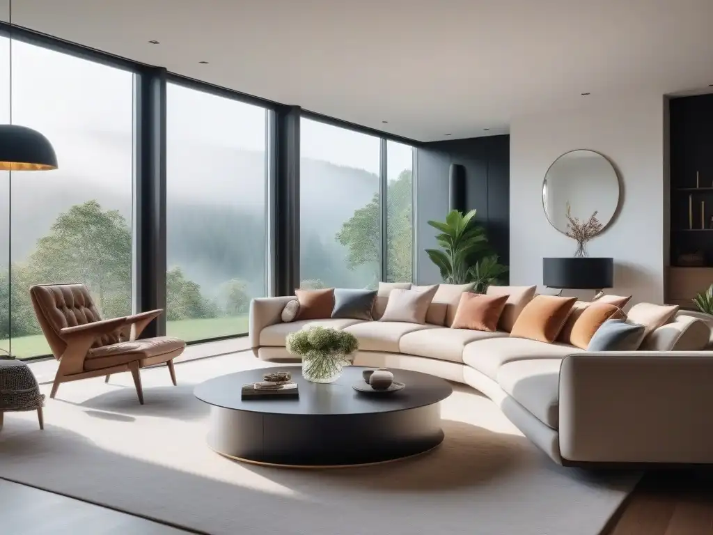 Sala de estar moderna y lujosa: sofisticación y confort en tonos neutros Un salón moderno de lujo con mobiliario diseño, bienestar y tranquilidad en el hogar