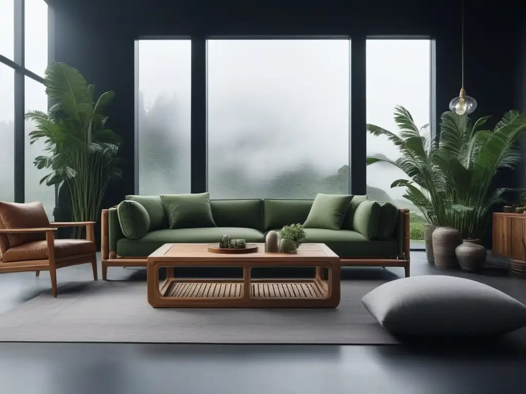 Sala de estar ecofriendly con muebles de bamboo y madera reciclada Salón moderno de lujo con mobiliario diseño ecofriendly hogar: sofá minimalista y mesa de café de madera reciclada, plantas verdes y luz natural