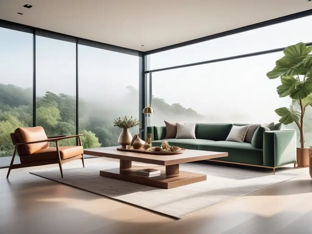 Salón moderno de lujo con muebles ecológicos: diseño sostenible en armonía Un salón moderno de lujo con mobiliario diseño ecofriendly hogar en tonos terrosos y verdes, minimalista y acogedor