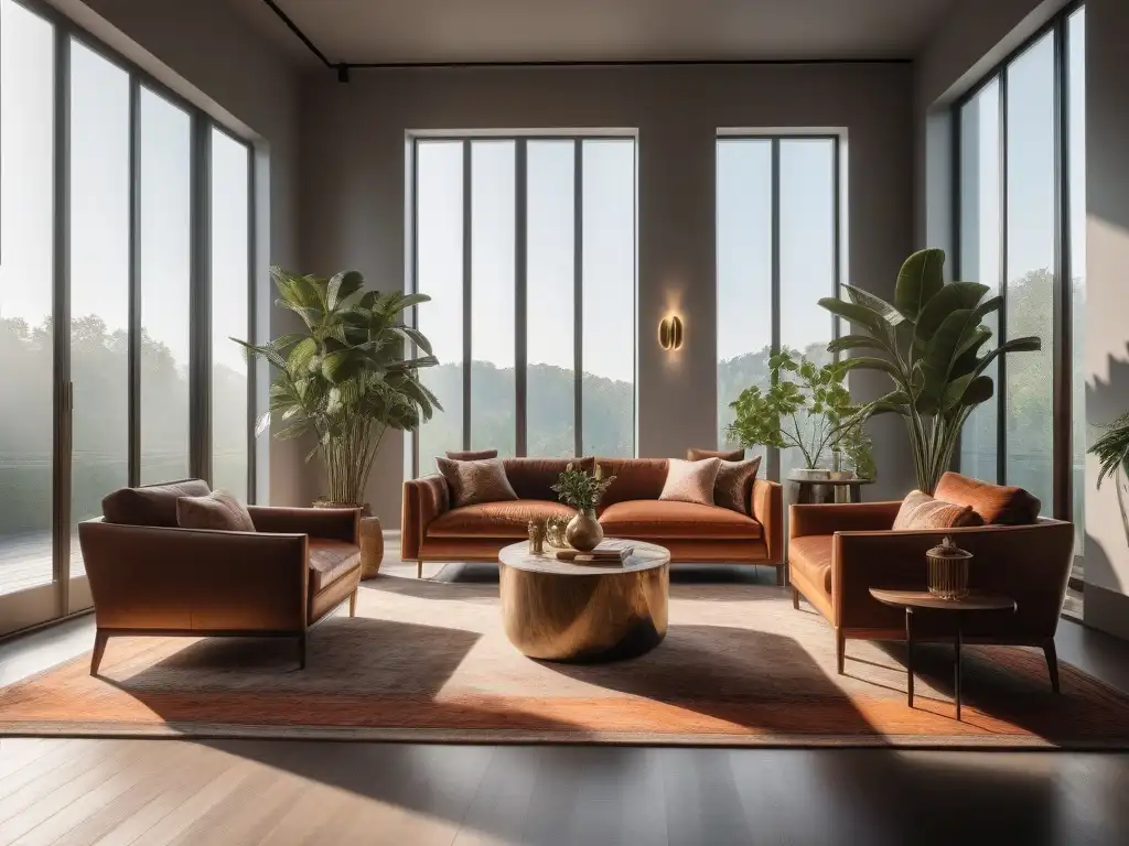 Sala de estar de lujo sostenible: diseño interior eco-chic 2023 Un salón moderno de lujo con mobiliario de lujo sostenible 2023 y detalles ecofriendly
