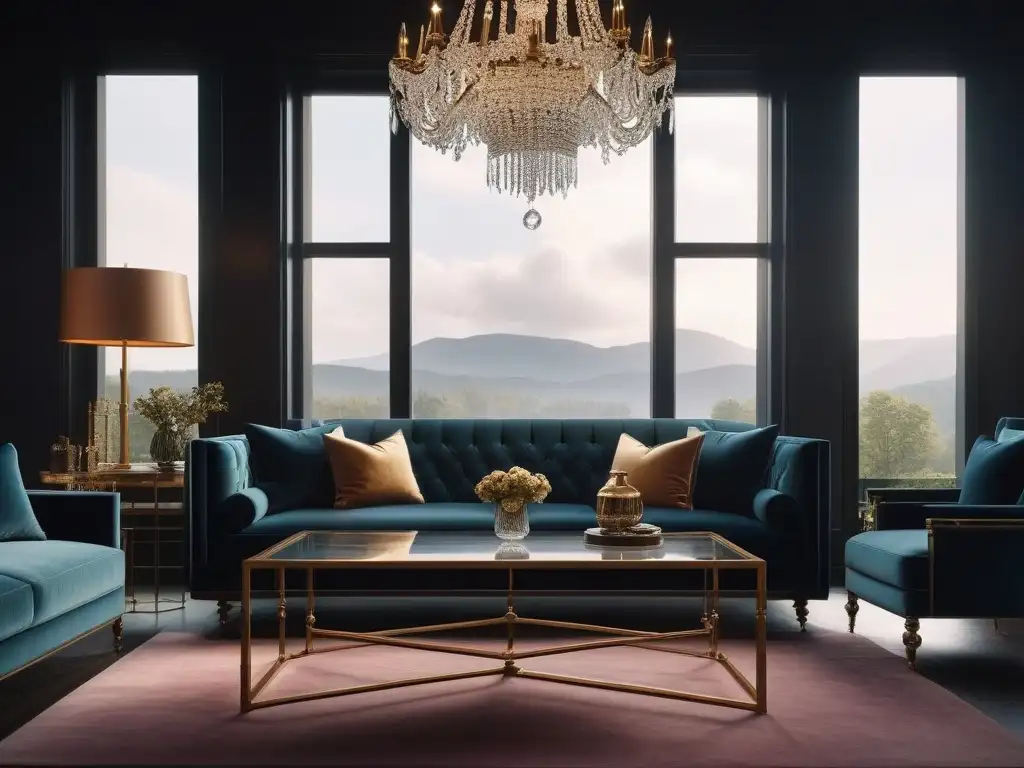 Sofisticado salón moderno con sofá de terciopelo y chandelier Salón moderno de lujo con sofá de terciopelo, mesa de vidrio, lámpara llamativa y vistas a paisaje sereno
