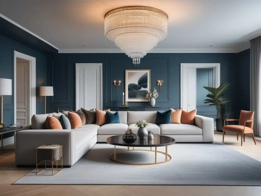 Sofisticado salón moderno con diseño minimalista y toques de lujo Un salón moderno y lujoso con accesorios de diseño para hogar, iluminado por luz natural