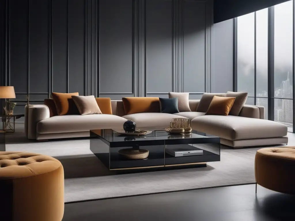 Sala de estar inclusiva y lujosa con muebles ergonómicos Un salón moderno y lujoso con mobiliario inclusivo para todos cuerpos, elegante y acogedor