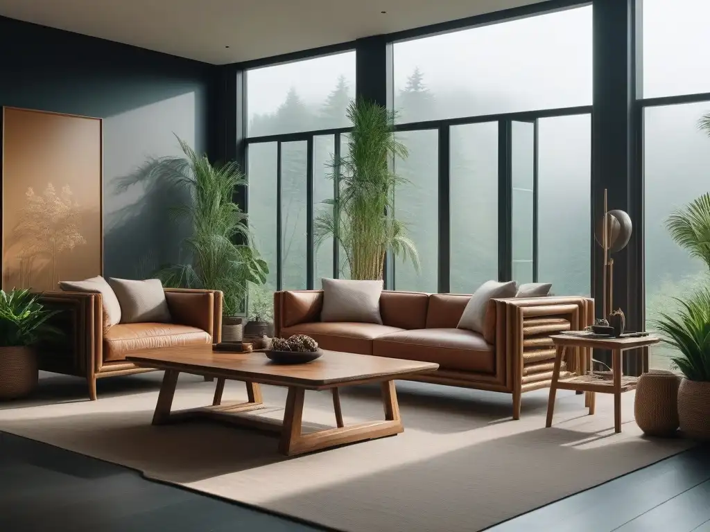 Salón ecológico de lujo: diseño minimalista y sostenible Un salón moderno y lujoso con mobiliario diseño ecofriendly hogar, materiales sustentables y elegancia minimalista