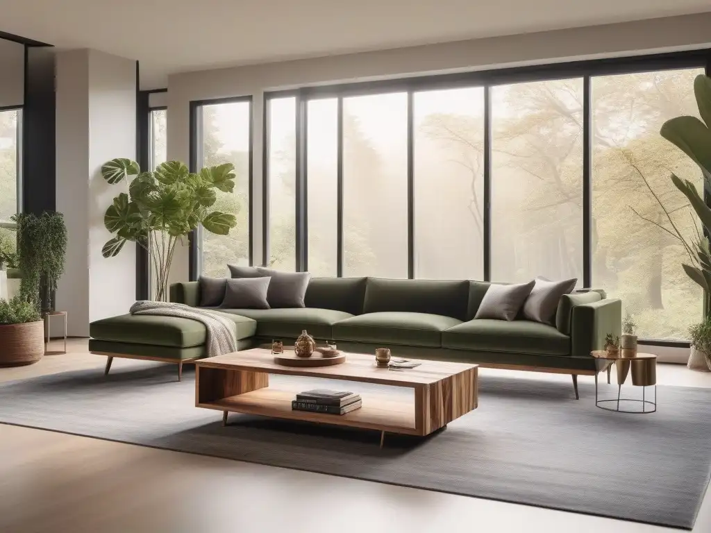 Sofisticado salón ecolujoso con muebles sostenibles y vistas naturales Un salón moderno y lujoso con mobiliario diseño ecofriendly hogar, elegante y sostenible, bañado por la luz del sol