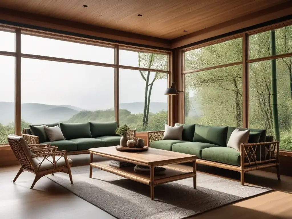 Sala ecofriendly: lujo sostenible en diseño interior Un salón moderno con mobiliario diseño ecofriendly hogar: sofá de bambú, mesa de café de madera reciclada y sillas de plástico reciclado