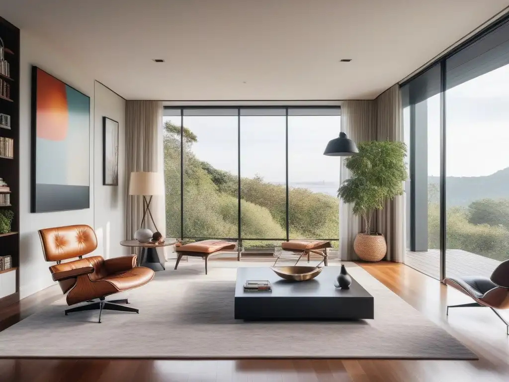 Diseño icónico: Sala moderna con muebles clásicos y contemporáneos Un salón moderno con muebles icónicos como la Silla Eames y la Silla Barcelona