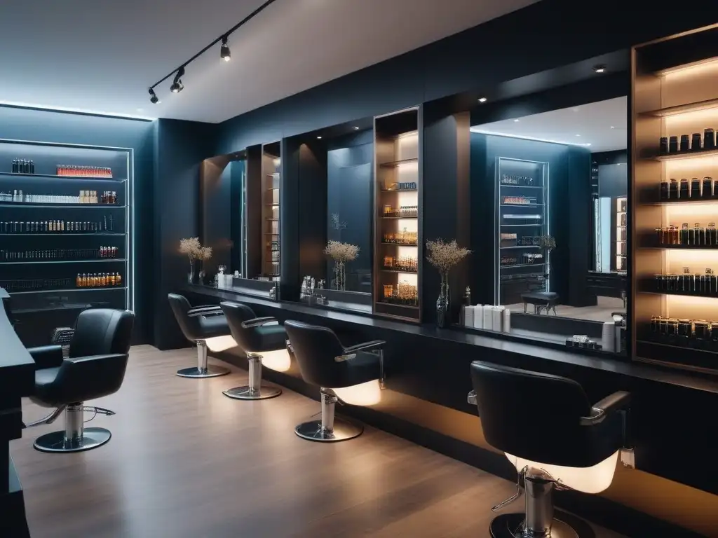 Sofisticado salón de belleza con productos de alta gama Un salón moderno con productos de lujo para tratamientos capilares cabellos rebeldes