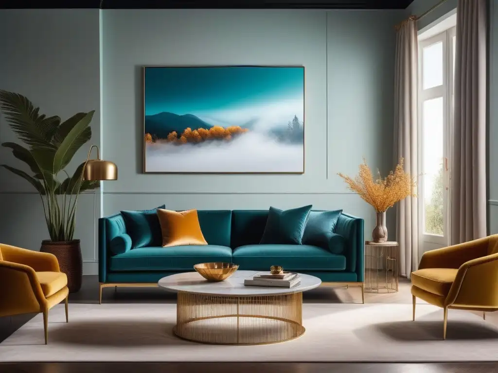 Sofisticada sala de estar con paleta vibrante y muebles de diseño Salón moderno y vibrante, mobiliario diseño bienestar salud hogar, sofá turquesa y piezas elegantes