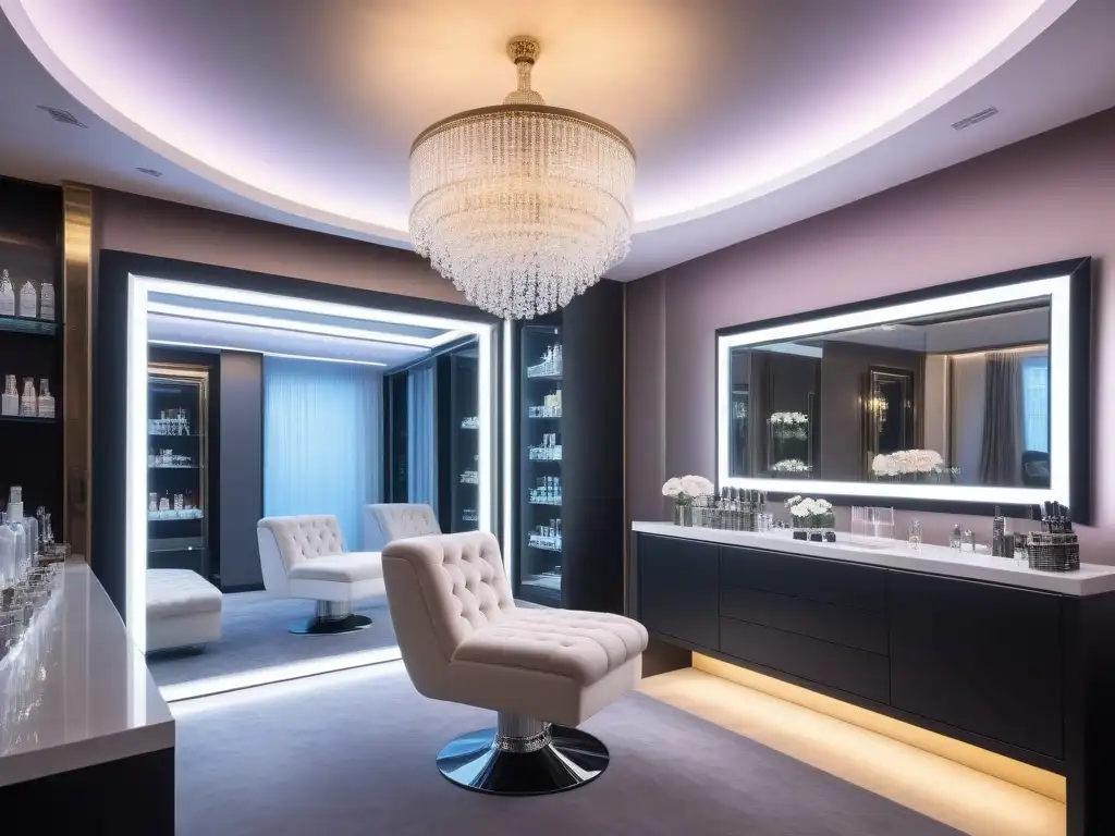 Salón de belleza de lujo para celebridades: glamour y exclusividad Salón de tratamientos de belleza exclusivos para celebridades con luces Hollywood y muebles modernos