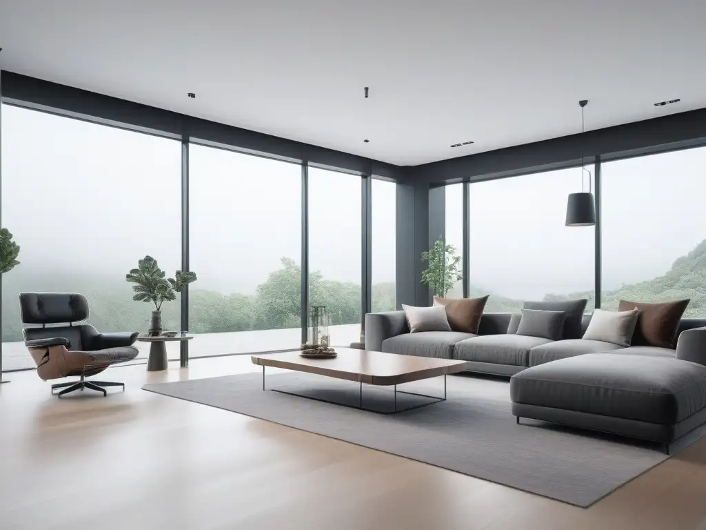 Salón inteligente de lujo: clima futurista y elegancia Salón ultramoderno con climatización inteligente para hogares exclusivos, elegante y sofisticado, inundado de luz natural y tecnología de vanguardia