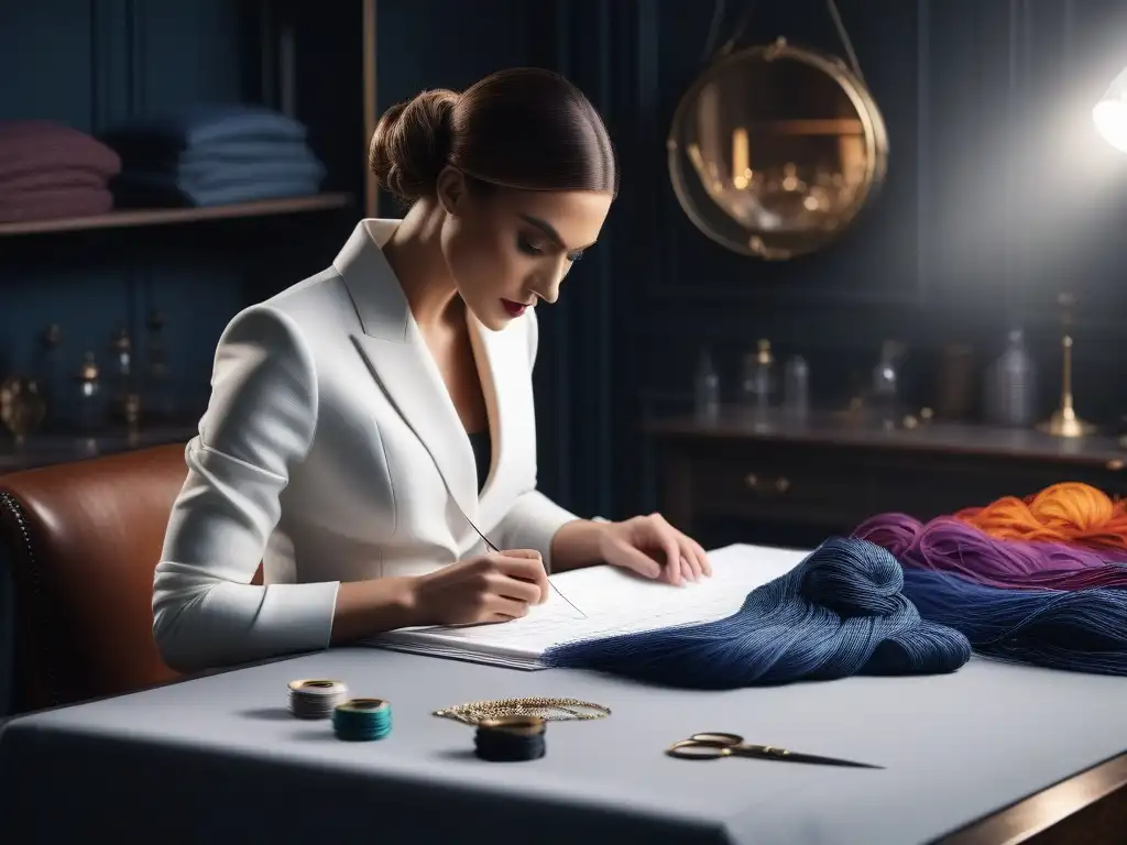 Maestro sastre confeccionando moda de lujo a medida Un sastre experto en un atelier moderno, meticuloso y elegante, creando moda de lujo a medida con precisión y elegancia