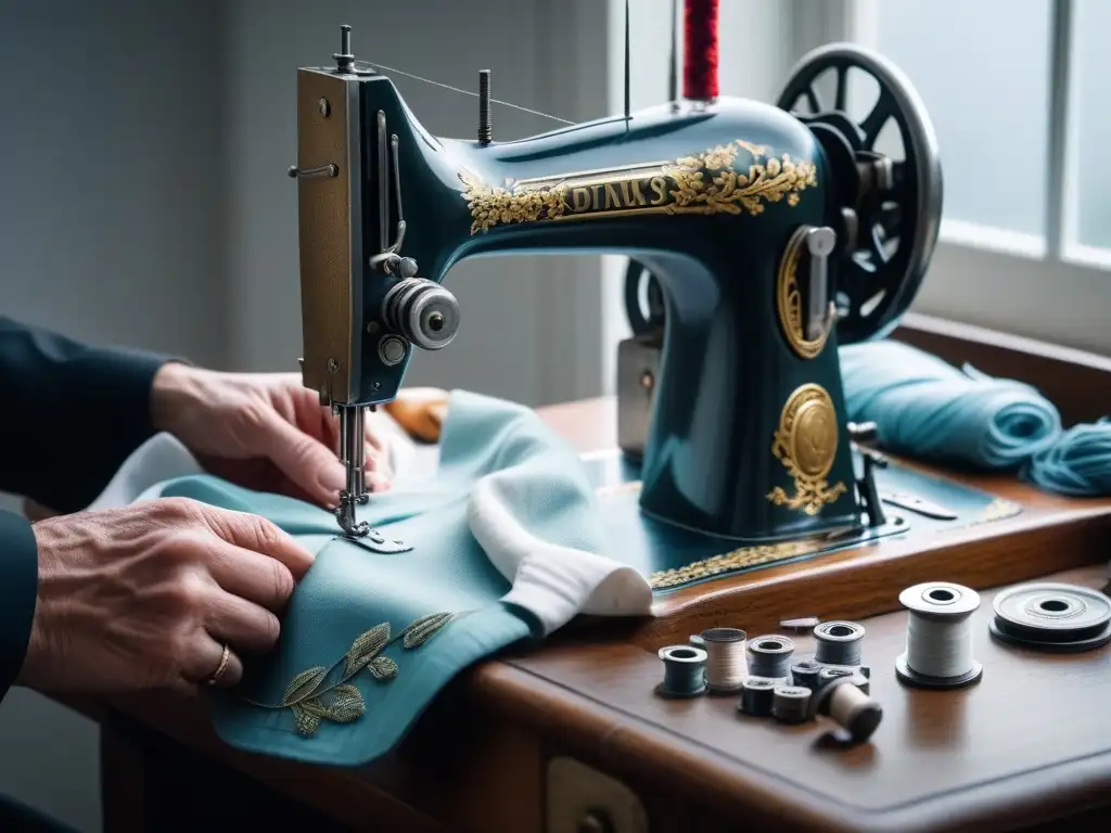 Arte en costura: manos expertas reparan tela con delicadeza Un sastre experto repara con destreza una prenda favorita en una máquina de coser vintage
