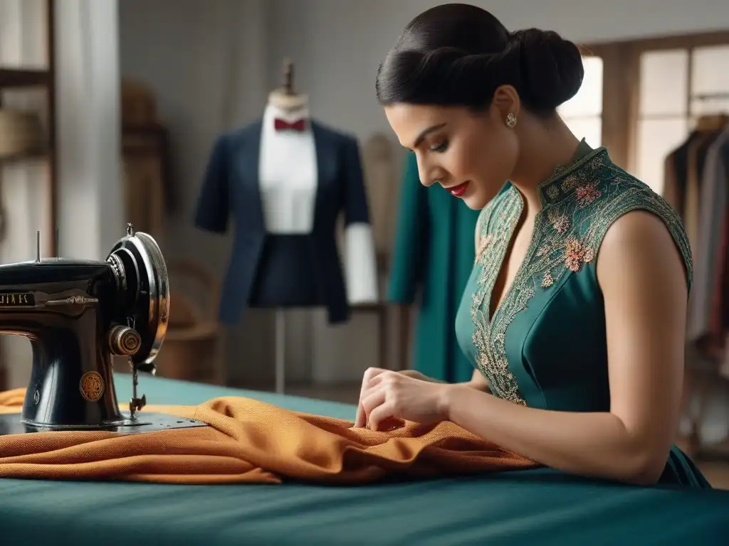 Sastre experto restaurando un vestido vintage con precisión Un sastre experto repara con destreza un vestido vintage en un elegante atelier, destacando la reparación de ropa favorita
