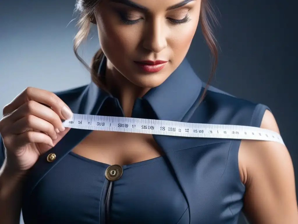 Sastre experto ajustando cintura de mujer petite Un sastre experto toma medidas precisas en la cintura de una mujer petite, reflejando la atención y destreza de los servicios de sastrería para tallas petite