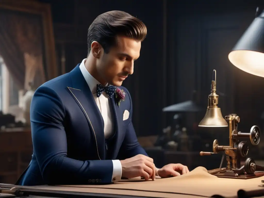 Sastre experto creando prenda exclusiva en atelier de lujo Un sastre experto crea moda de lujo a medida en un elegante atelier, rodeado de telas exquisitas