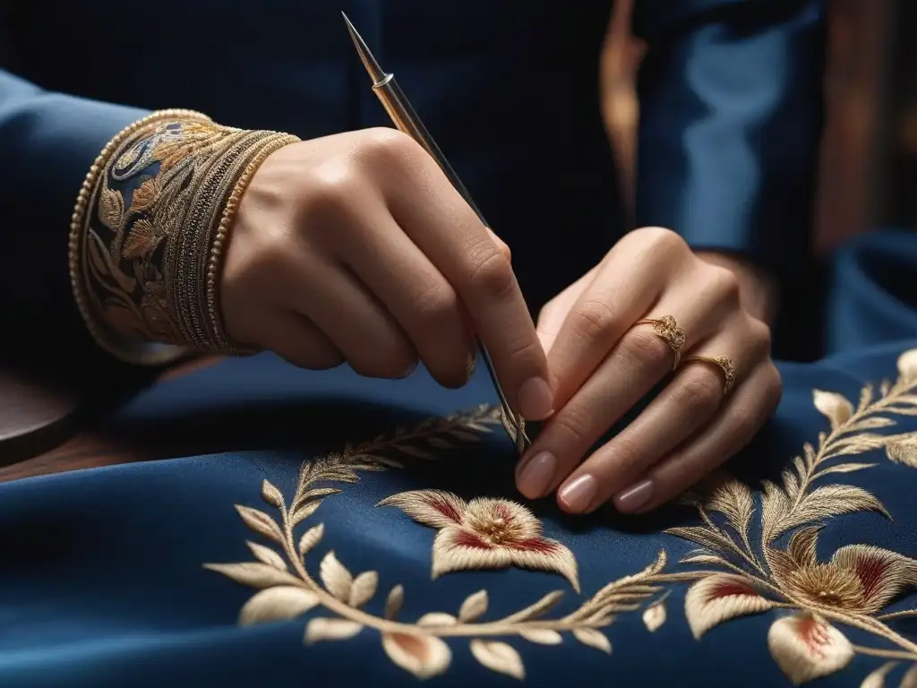 Arte en costura: manos expertas bordando diseño floral en tela azul Un sastre experto borda con precisión una prenda, creando arte en tela azul marino