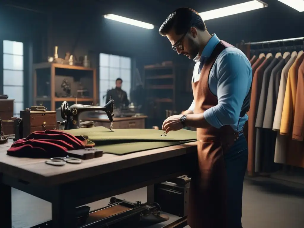 Sastre experto personalizando prenda en taller moderno Un sastre experto personalizando prendas de moda en un moderno taller con herramientas de alta gama