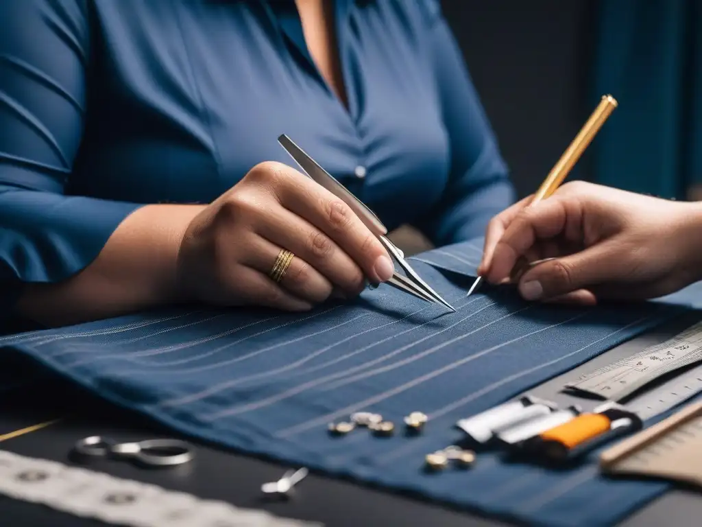 Sastre experto ajustando prenda plus size con precisión Un sastre experto ajustando ropa plus size con precisión, rodeado de herramientas y tejidos