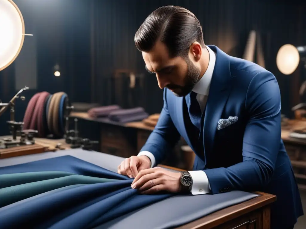 Sastre experto confeccionando traje a medida en atelier de lujo Un sastre experto confeccionando un traje de lujo a medida en un moderno atelier, rodeado de telas premium