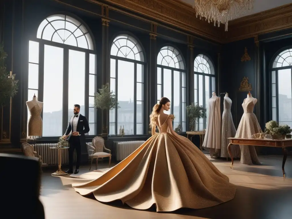 Alta costura: Maestro sastre confecciona exquisito vestido a medida Un sastre hábil en un lujoso taller, confeccionando un vestido de alta costura a medida