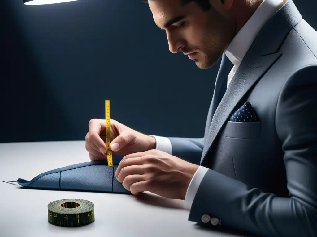 Sastre experto confecciona a medida blazer petite Un sastre habilidoso y centrado confecciona meticulosamente un blazer a medida para cuerpos petite, destacando la moda personalizada