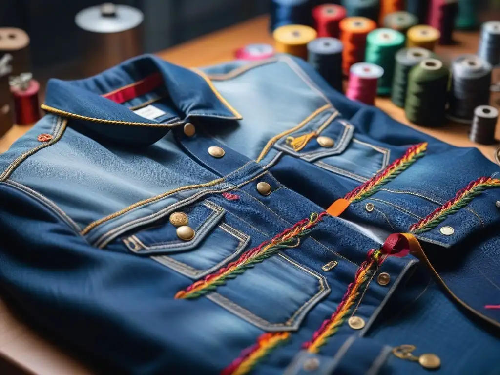 Alta costura: Sastre bordando diseño único en chaqueta denim Un sastre habilidoso personaliza meticulosamente una chaqueta de mezclilla con diseños intricados en un taller moderno y elegante