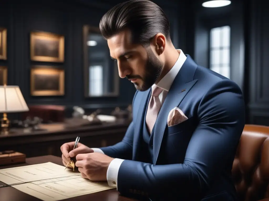 Medición de traje a medida para hombre alto: precisión y elegancia Un sastre meticuloso toma medidas a un hombre alto en un elegante estudio de sastrería