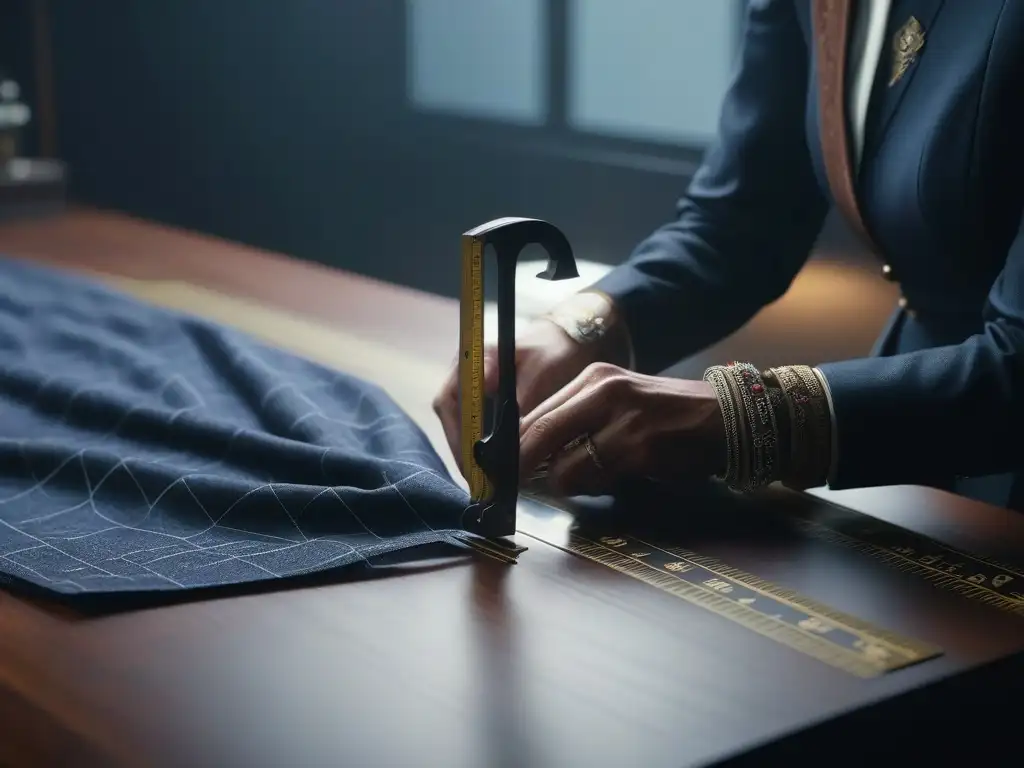 Artesanía textil: manos de sastre midiendo tela con precisión Un sastre meticuloso toma medidas precisas de tela en una mesa de corte moderna