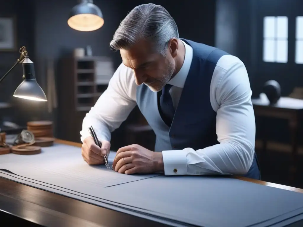 Sastre experto creando una prenda a medida en atelier de lujo Un sastre hábil crea una prenda de lujo rodeado de telas elegantes y bocetos en un atelier moderno