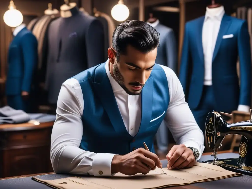 Sastre confeccionando traje a medida para hombre alto Un sastre confeccionando un traje a medida para un cliente alto en una sastrería moderna con telas y hilos de lujo