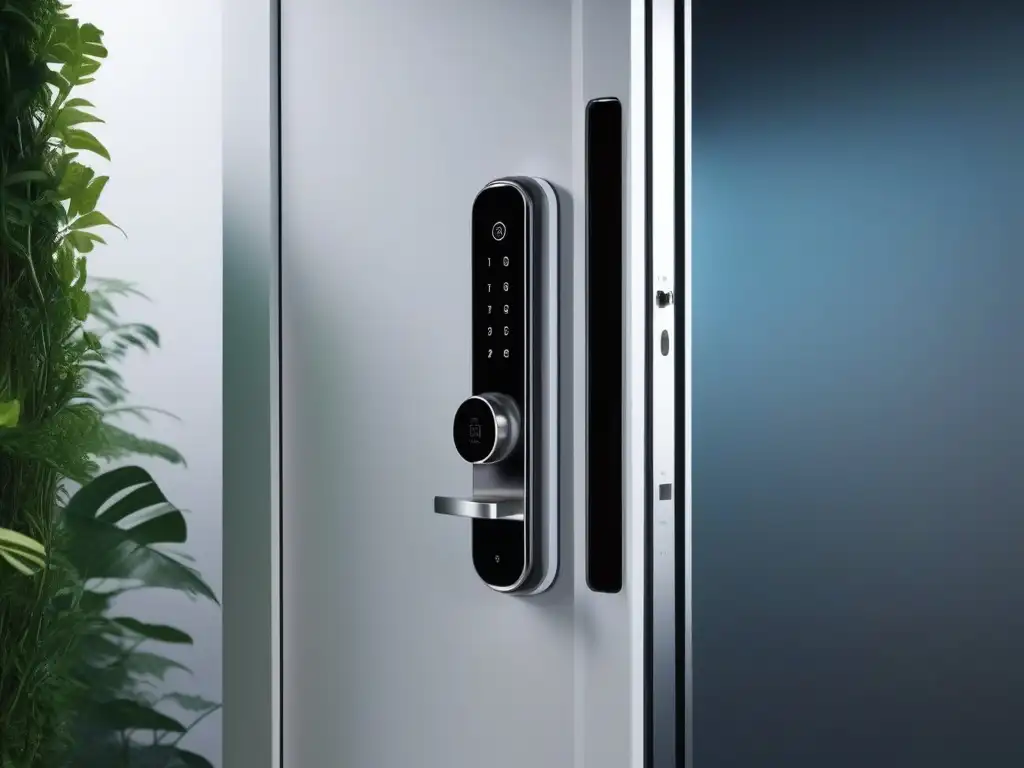 Smart lock de lujo: elegancia futurista en puerta contemporánea Seguridad y estilo en cerraduras: Una cerradura inteligente futurista integrada en una puerta contemporánea elegante, rodeada de vegetación exuberante