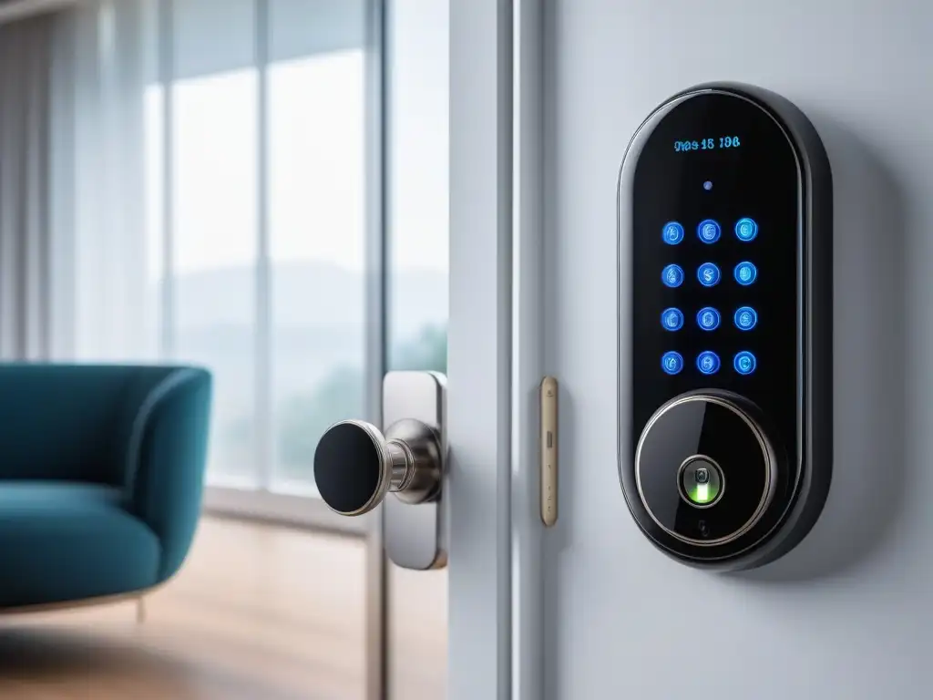 Smart lock de diseño futurista en sala elegante Seguridad y estilo en cerraduras: cerradura inteligente futurista con pantalla táctil, lector de huellas y comando de voz en sala elegante
