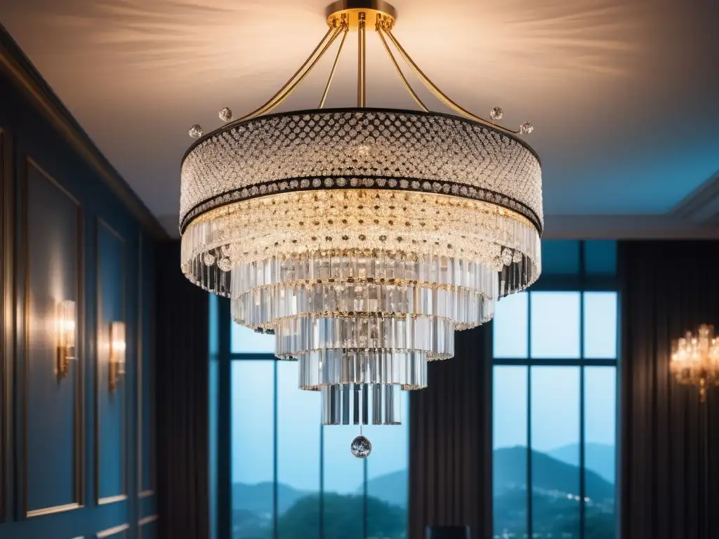 Espléndido candelabro moderno iluminando con elegancia Selección de lámparas de lujo: un candelabro moderno y lujoso ilumina un gran vestíbulo con un resplandor dorado y sombras intrincadas