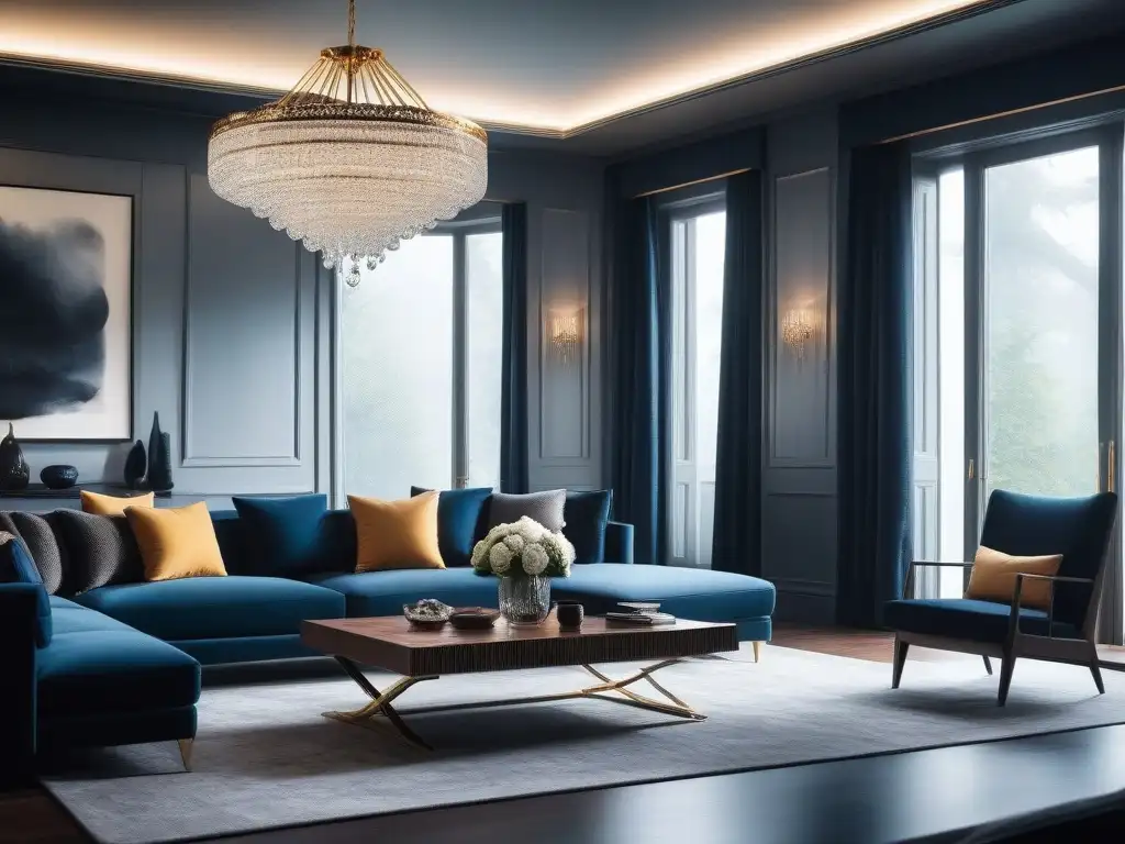 Esplendor cristalino: sala contemporánea con impactante candelabro de lujo Selección de lámparas de lujo: Espectacular sala contemporánea iluminada por impresionante lámpara de cristales brillantes