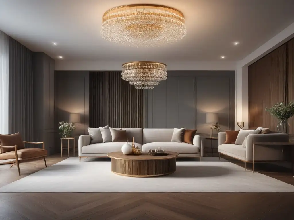 Diseño de luces: elegancia y sofisticación en un salón moderno Selección de lámparas de lujo en un salón moderno y elegante, iluminando con sofisticación cada rincón del espacio