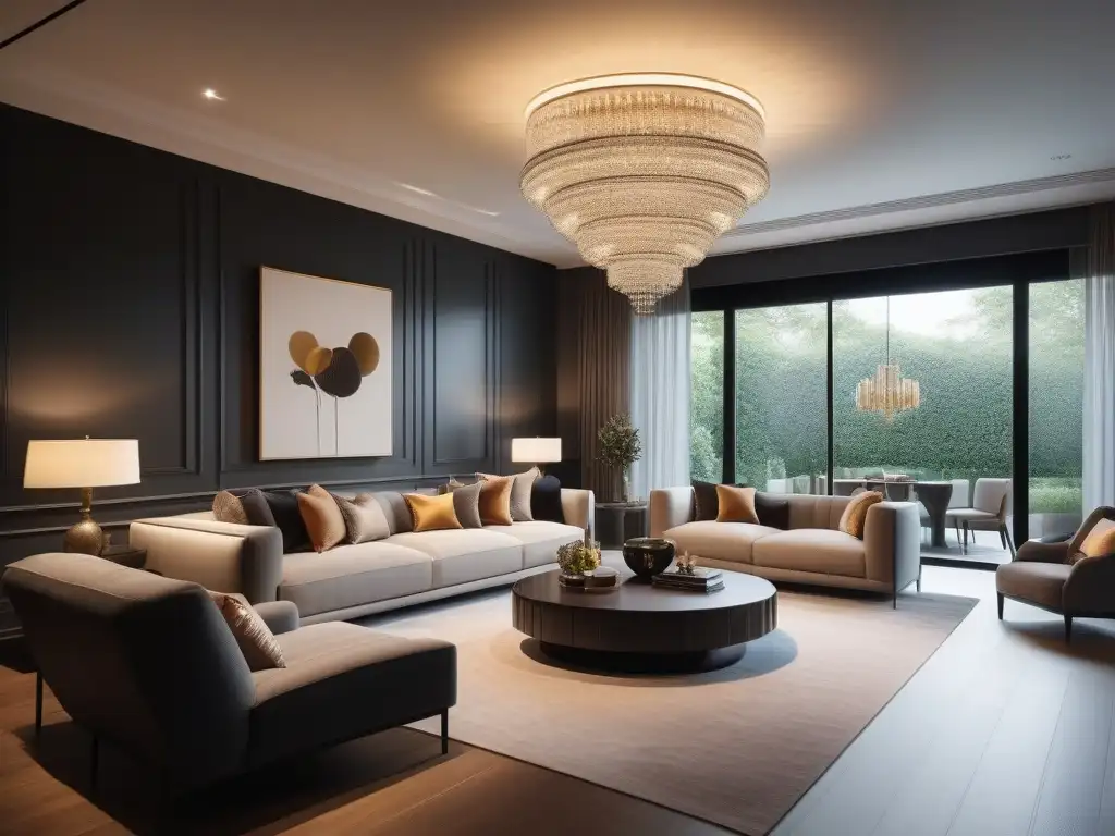 Salón contemporáneo: lujo y elegancia en iluminación diseñada Selección de lámparas de lujo iluminando un salón contemporáneo con mobiliario moderno y elegante