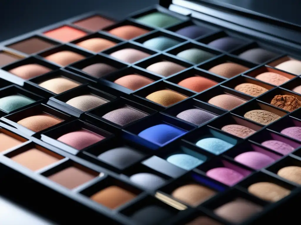 Paletas de sombras: diversidad y sofisticación para cada tono de piel Una selección de paletas de sombras de ojos para pieles diversas, mostrando colores vibrantes y detalles intrincados en un entorno elegante y luminoso