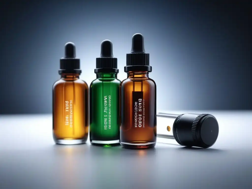 Exquisitas esencias naturales en elegantes frascos para aromaterapia Una selección de vibrantes aceites esenciales en elegantes frascos, con etiquetas de diseño, iluminados suavemente