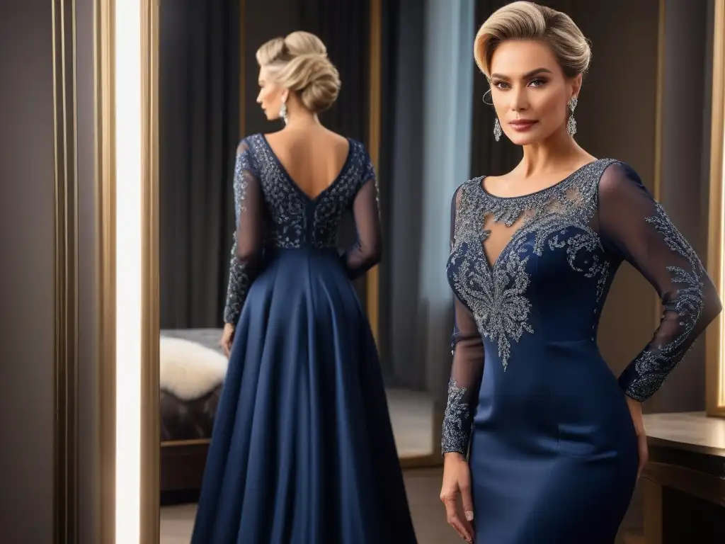 Deslumbrante mujer mayor en vestido azul marino con detalles plateados Una señora elegante en un vestido azul marino con detalles plateados, radiando glamour en su vestidor