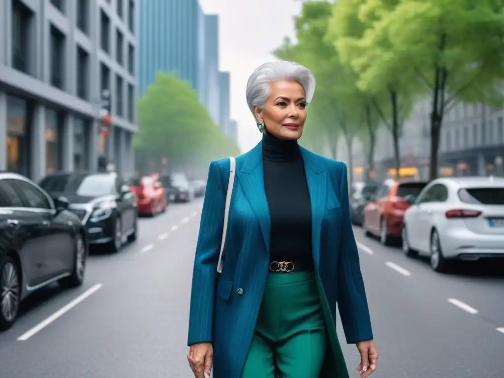 Moda sostenible para seniors: Elegancia en la ciudad Una señora mayor elegante, con cabello plateado, viste un atuendo ecofriendly y camina con confianza por una concurrida calle de la ciudad