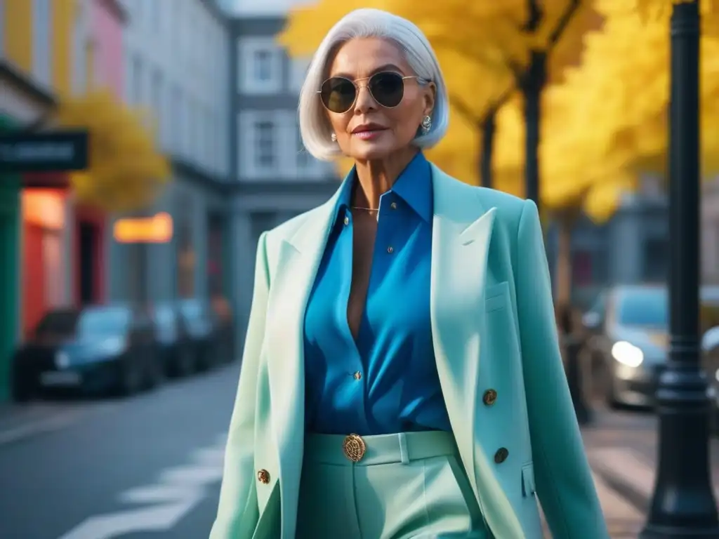 Senior elegante pasea por la ciudad con estilo moderno y vibrante Señora mayor elegante caminando por la ciudad con atuendo de moda en tono pastel, inspiración moda tallas grandes senior