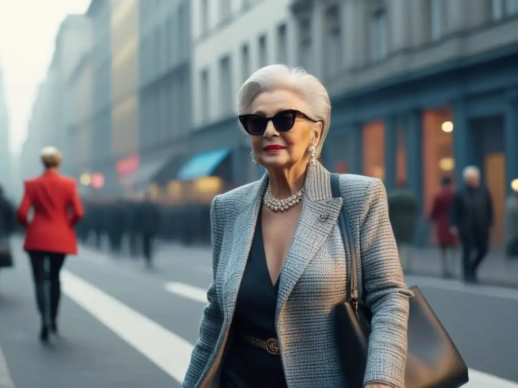 Estilo senior: mujer elegante con movilidad reducida en la ciudad Una señora mayor elegante con movilidad reducida deslumbrando en la ciudad
