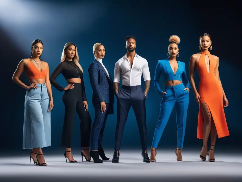 Diversidad y empoderamiento en moda: modelos seguros y vibrantes Sesiones de fotos inclusivas moda: Grupo diverso de modelos posando con confianza en atuendos elegantes en un estudio moderno y luminoso