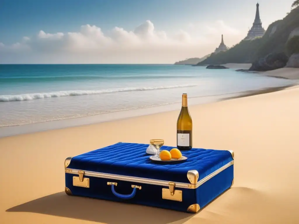 Set de maletas de lujo con diseños embellecidos de destinos exóticos y elegante acabado metálico plateado Un set de equipaje de lujo para luna de miel con diseño de destinos exóticos y un atardecer en la playa