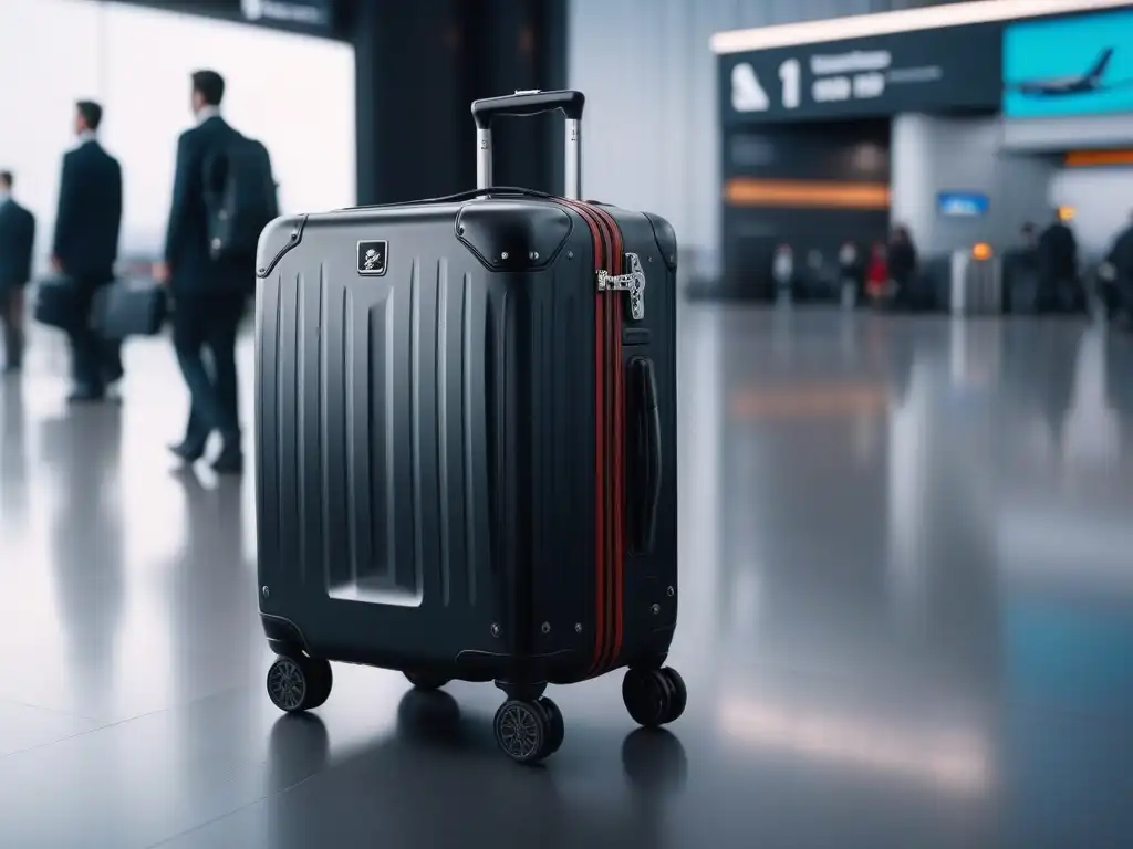 Set de lujo con tecnología avanzada para viajeros exigentes Un set de equipaje lujoso e innovador en un aeropuerto bullicioso