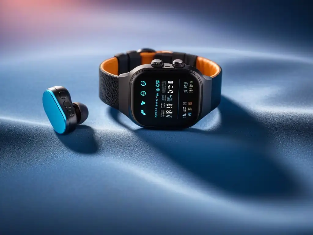 Set tecnológico de lujo: smartwatch, auriculares y cargador portátil en terciopelo Set de gadgets de moda para vida cómoda: smartwatch, auriculares inalámbricos y cargador portátil sobre terciopelo lujoso